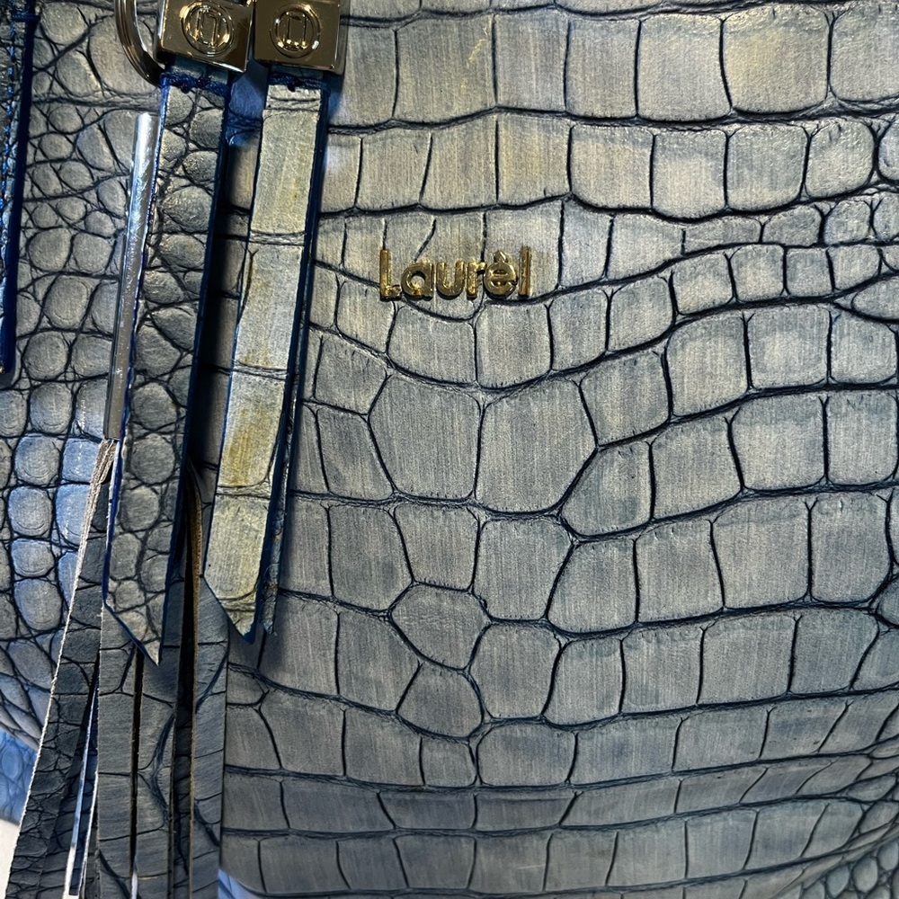 Laurel Blue Croc Embossed Leather Shoulder Bag Tassel Accent - Picture 2 of 6